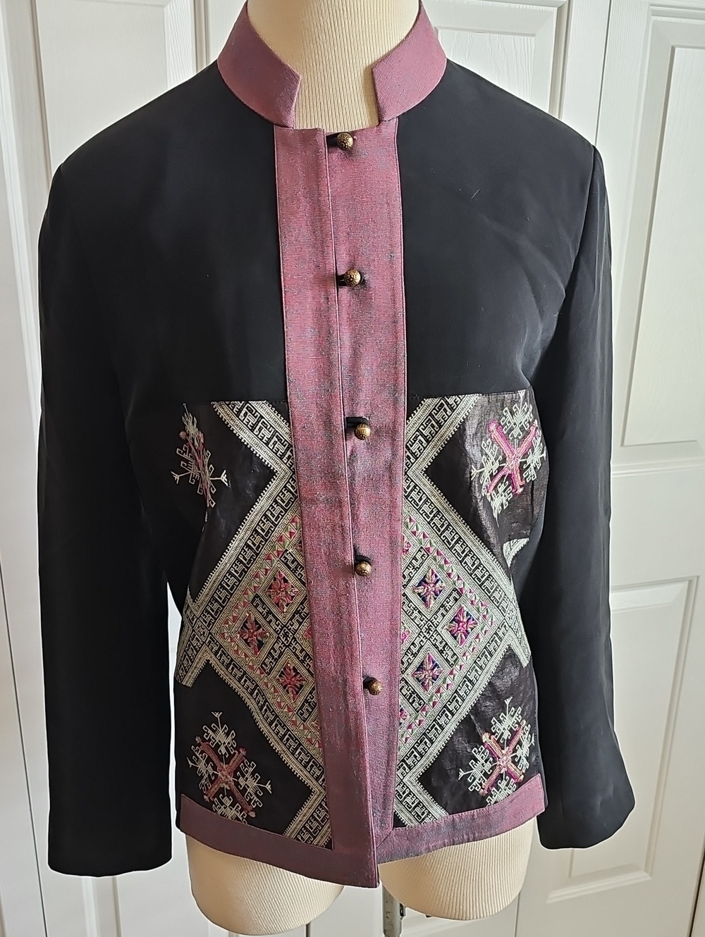 FCE Mandarin Collar Embroidered Jacket Womens XL Black Pink‎ Ethnic Boho Size XL